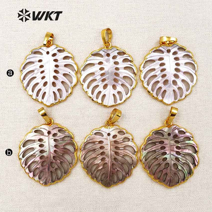 WT-P1346 New Fashionable Gold Plated Carved Shell Leaf Pendant Hot Sale Natural Hand Carved Shell Hollow Leaf Pendant