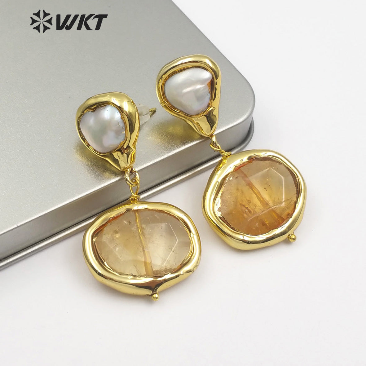 WT-E481 New Design of Female Elegant Freshwater Pearl Stone Jewelry Earrings Rose Quartz/Amazonite/Yellow Citrine Drop Earrings