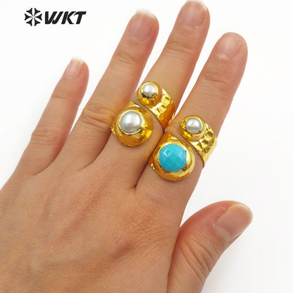 WT-R329 Fashion Design Women Adjustable Gold Jewelry Gemstone and Natural Freshwater Pearl Jade in Round Shape Ring