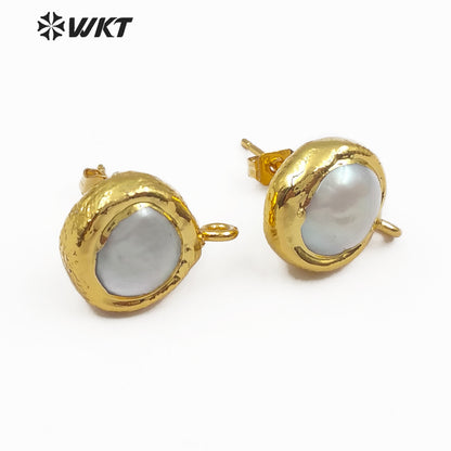 WT-JF301 Jewelry for Women Making Vogue Earring Gold Electroplated Natural Freshwater Pearl Round Stud Earring Jewelry Findings