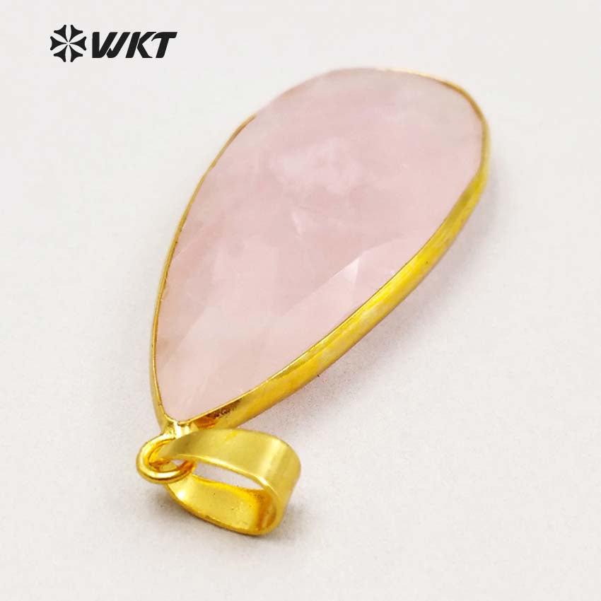 WT-P1348 Amazing Gold Bezel Faceted Natural Rose Quartz Teardrop Pendant, Women Hand Cabochon Faceted pink Teardrop Pendants