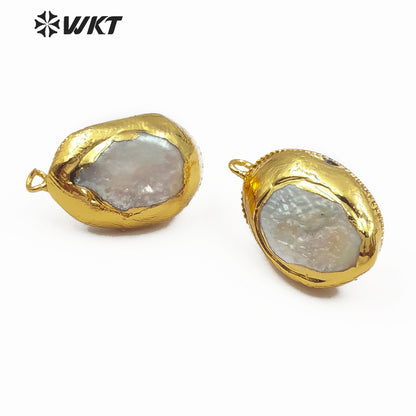 WT-JF303 Jewelry Findings for Women Making 10*12MM Jewelry Oval Shape Natural Freshwater Pearl With Gold Trim Stud Earring