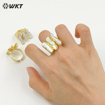 WT-R305 2018 New 18K Metal Electroplated Adjustable Rings Geometric Shape for Elegant Women with Freshwater Pearl Ring