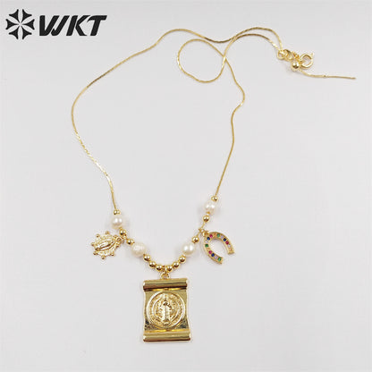 WT-JN230 Wholesale Fashion Gold Religious St Benedict Medal Pearl Necklace Charming Christian Adjustable Themed Medal Necklace