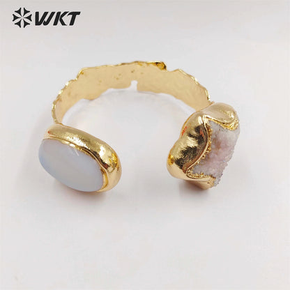 WT-B626 WKT Exclusive New Double Stone Star Quartz Bangle Gorgeous 18k Gold Electroplated Resist Tarnishable Green Chalcedony