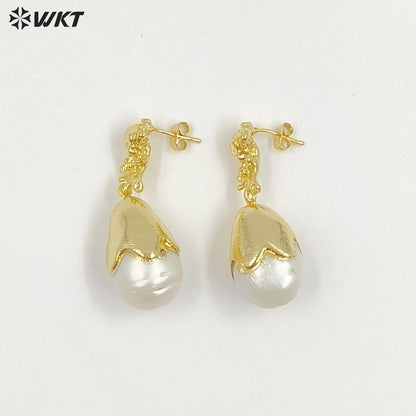 WT-MPE166 Gentle And Elegant Style Gold Plated Natural Baroque Pearl Women Drop Earrings For Fashion Wedding Jewelry Gift