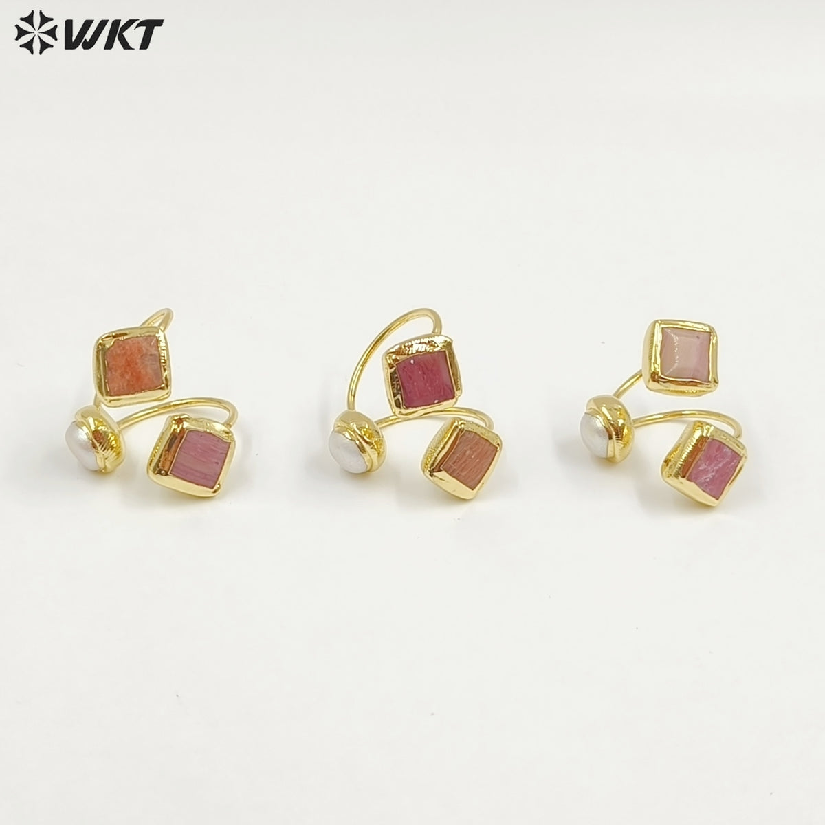WT-R573 Wonderful Vintage Style 18K Gold Plated Double Natural Stones And Pearl Adjustable Women Rings As Party Present