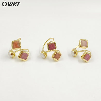WT-R573 Wonderful Vintage Style 18K Gold Plated Double Natural Stones And Pearl Adjustable Women Rings As Party Present