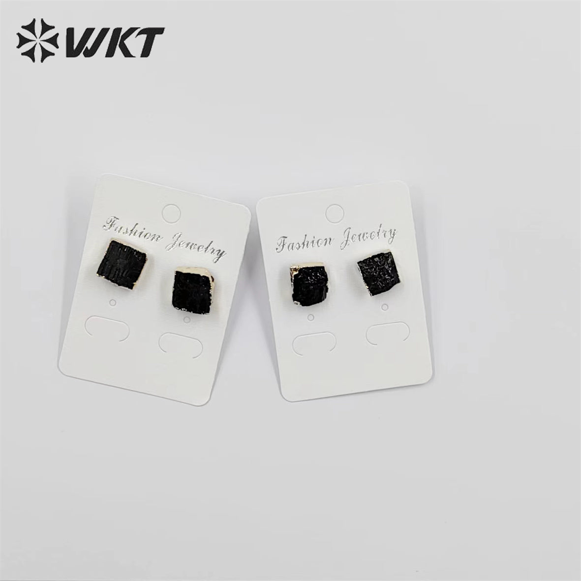 WKT-E701 WKT Newest Fashion 18k Gold Plated square Black Obsidian Studs 12mm Natural Raw Stone Studs for Women