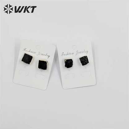 WKT-E701 WKT Newest Fashion 18k Gold Plated square Black Obsidian Studs 12mm Natural Raw Stone Studs for Women