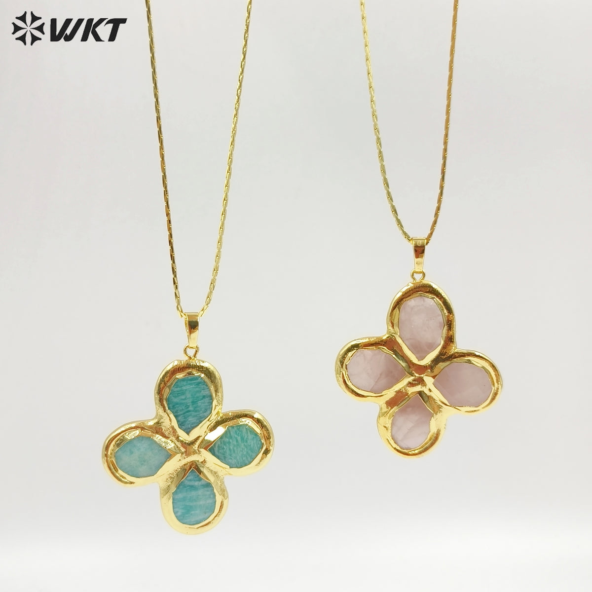 WT-N1542 Popular Fashion Gold Plated Thin Chain With Natural Gemstone Four Leaf Clover Pendant Necklace For Lady Birthday Gift