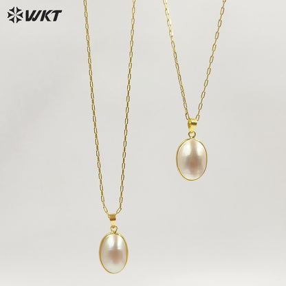WT-JN384 Wholesale Simple Style Gold Electroplated Oval Mabe Shell Pendant Necklaces For Women Fashion Jewelry Matching
