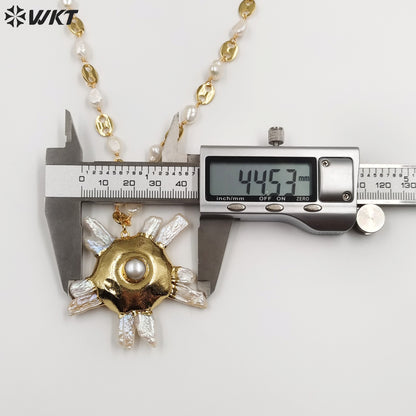 WT-JN248 Wholesale Punk Style  Crystal Quartz/Freshwater Pearl  18 inch Gift For Women   Sun Shaped Gemstone Necklace