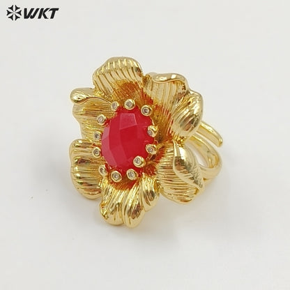 WT-R583 Exquisite Gold Electroplated Zircon And Natural Gemstones Flower Shape Rings For Female Dance Party Jewelry Matching