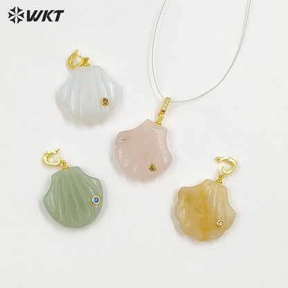 WT-P2097 Lovely Design Natural Gemstones And Colorful Zircon Hand Carved Shell Shape Little Pendants For Female Jewelry DIY