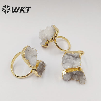 WT-R461 WKT New Material 18k Real Gold Plated Natural White Druzy Quartz Ring Women Fashion Trendy Energy Geode Agate Stone Ring