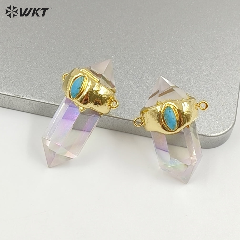 WT-P1552 Most Populared Double Loops Turquoise Charm Natural Crystal Quartz Point Pendant Healing Quartz Point Pendant Jewelry