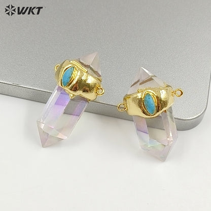 WT-P1552 Most Populared Double Loops Turquoise Charm Natural Crystal Quartz Point Pendant Healing Quartz Point Pendant Jewelry