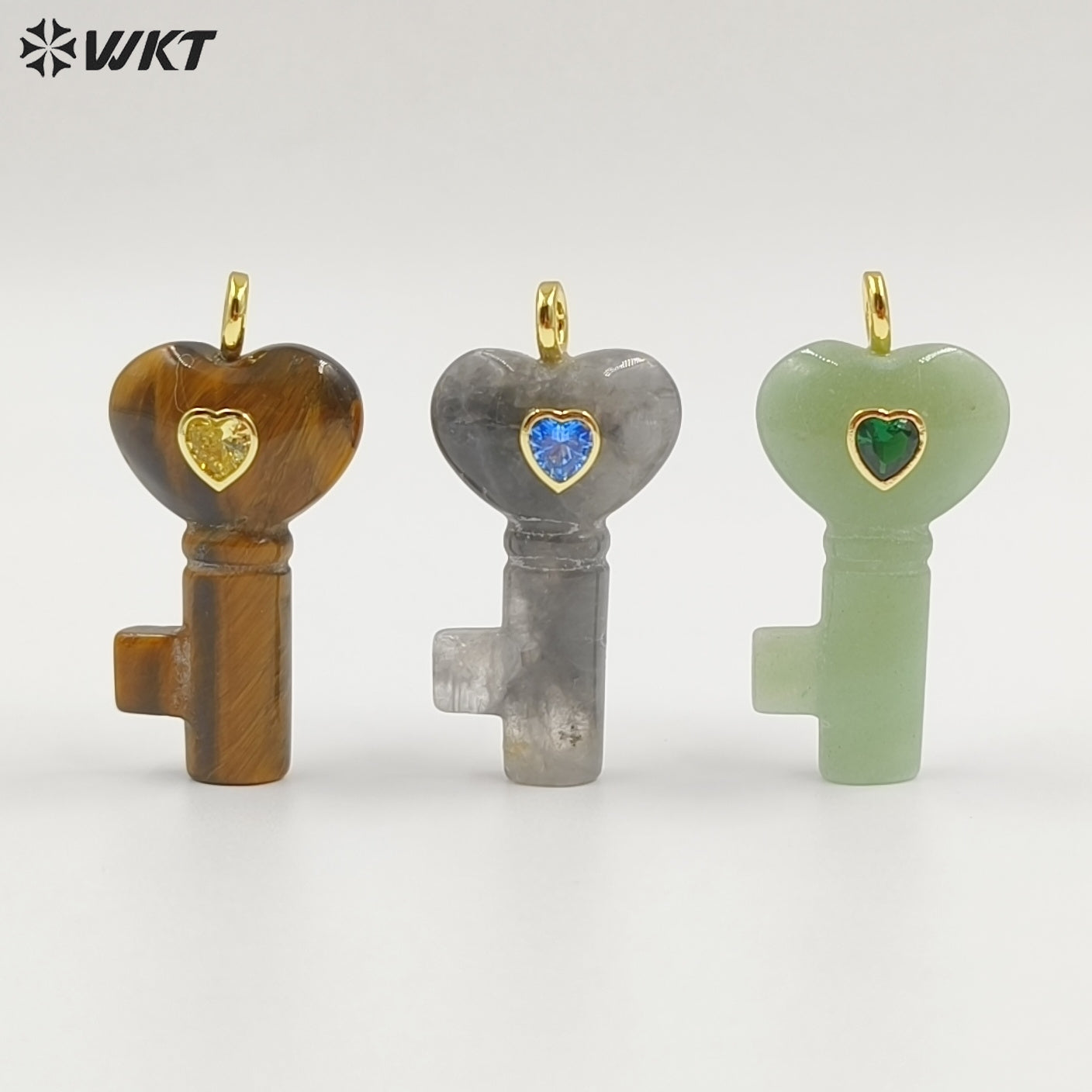 WT-P2057 New Fashion Heart Shape Colorful Zircon And Natural Gemstones Carved Key Pendants For Friend Lovely Gift Making