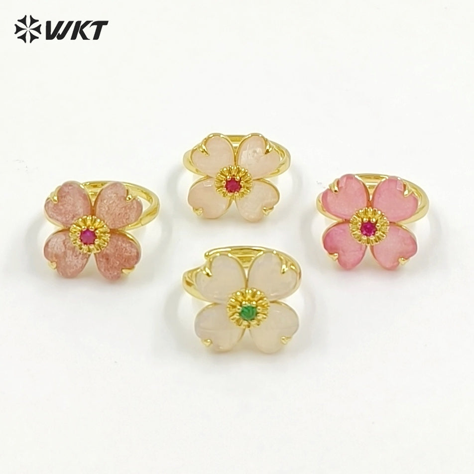 WT-R602 Gorgeous Design Gold Plated Zircon And Colorful Natural Gemstone Flower Shape Rings Adjustable For Party Wearing Jewelry