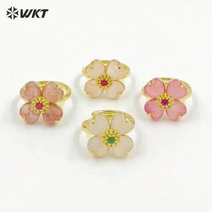 WT-R602 Gorgeous Design Gold Plated Zircon And Colorful Natural Gemstone Flower Shape Rings Adjustable For Party Wearing Jewelry