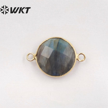 WT-C118 Wholesale Sparkly Tiny Labradorite Charm Connectors ,Lovely Round Natural Labradorite With Gold Plated Jewelry Findings