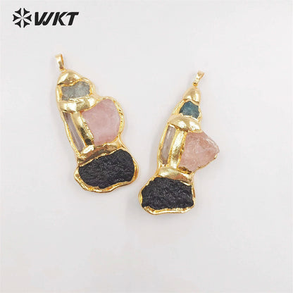 WT-P1905 Amazing Triple Gemstone Mixture Jewelry Pendants Genuine Energy Black Meteorite Rose Quartz Raw Stone Pendants