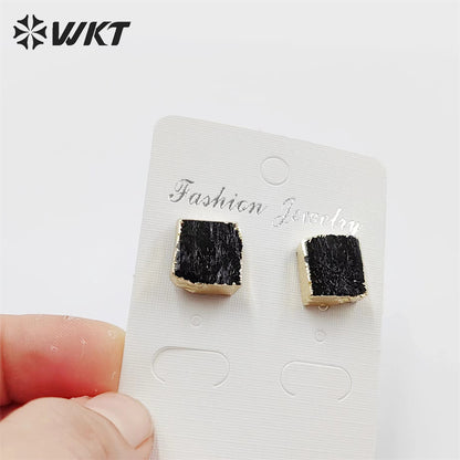 WKT-E701 WKT Newest Fashion 18k Gold Plated square Black Obsidian Studs 12mm Natural Raw Stone Studs for Women