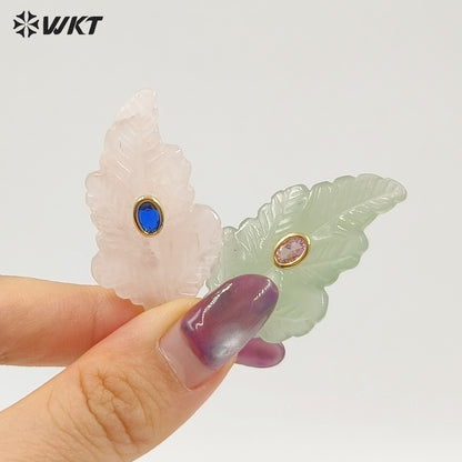 WT-P2094 High Quality Zircon Setting In Natural Gemstones Hand Carved Leaf Shape Pendants For Trendy Necklace Decorations