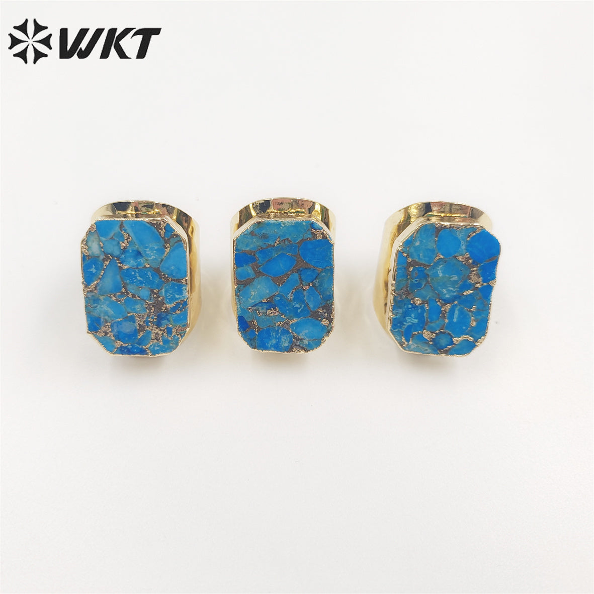 WT-R421 Wholesale Fashion Gold Long square Copper Turquoise Ring with Big Band Gorgeous Cocktail Party Ring for Women Stone Ring