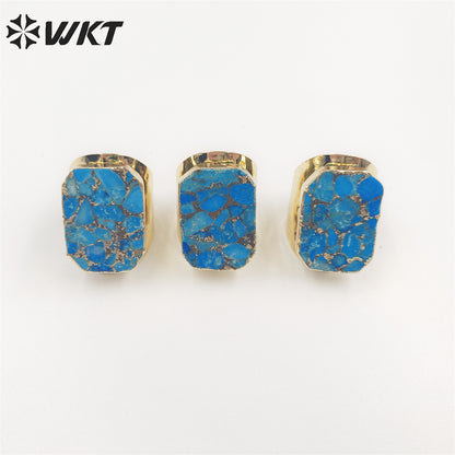 WT-R421 Wholesale Fashion Gold Long square Copper Turquoise Ring with Big Band Gorgeous Cocktail Party Ring for Women Stone Ring
