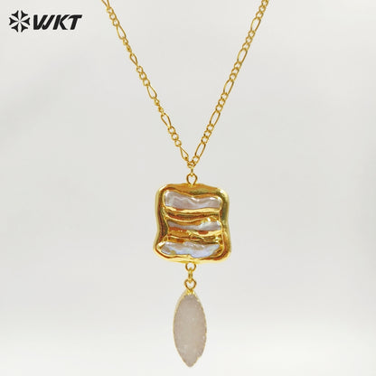 WT-JN397 Newest Elegant Style Natural Pearl And Gemstones Splicing Long Women Gold Necklaces For Party Matching Accessories