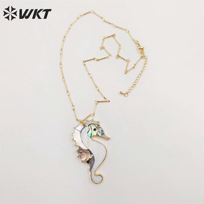 WT-N1069 WKT Wholesale New Fashion Stick Link Chain Jewelry Seahorse Shape Natural Abalone Shell Necklace