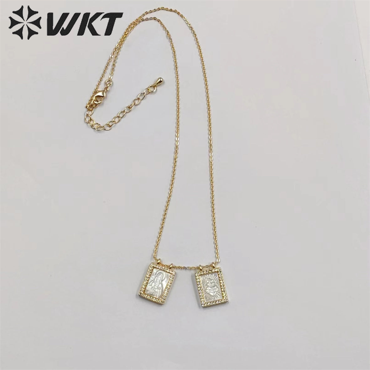 WT-JN220 Super Hot Fashion Double Charms Micropaved CZ Setting Mother of Pearl Shell Necklace 18k Gold Religion Maria Necklace