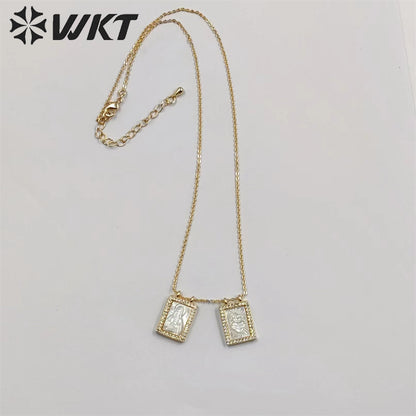 WT-JN220 Super Hot Fashion Double Charms Micropaved CZ Setting Mother of Pearl Shell Necklace 18k Gold Religion Maria Necklace