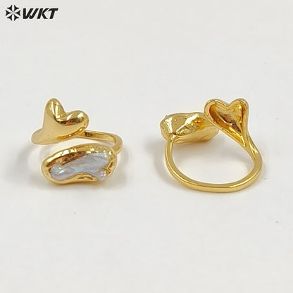 WT-MPR159 Exquisite Romantic Gold Plated Natural Freshwater Pearl Heart Shape Adjustable Size Women Rings As Birthday Gift