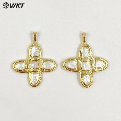 WT-JP444 Popular Design 18K Gold Plated Five Natural Freshwater Pearls Cross Pendant For Handmade Jewelry Accessories