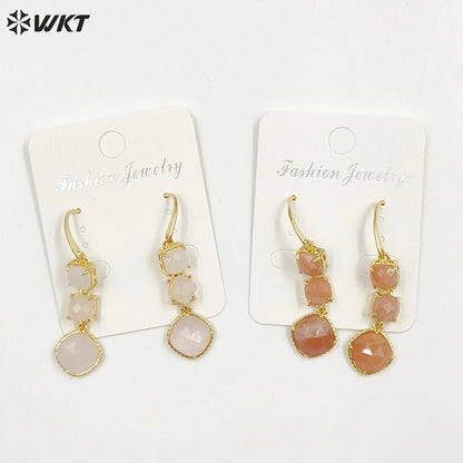 WT-E734 Elegant Colorful Gemstone Wire Wrapped Long Charming in Drop Earrings Women Triple Pendant Earrings