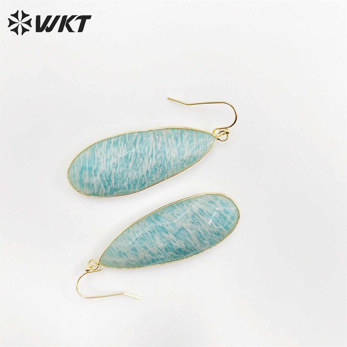 WT-E708 Women Gorgeous Double Faceted Cut Long Waterdrop Amazonite Earrings 18k Gold Bezel Dangle Earrings for Girls