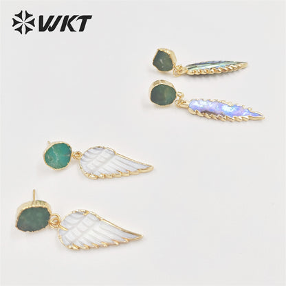 WT-MPE076 Wholesale Fashion Gold Plated Abalone Feather Leaf Earrings Unique Charming Elegant Welding Shell Earring for Party