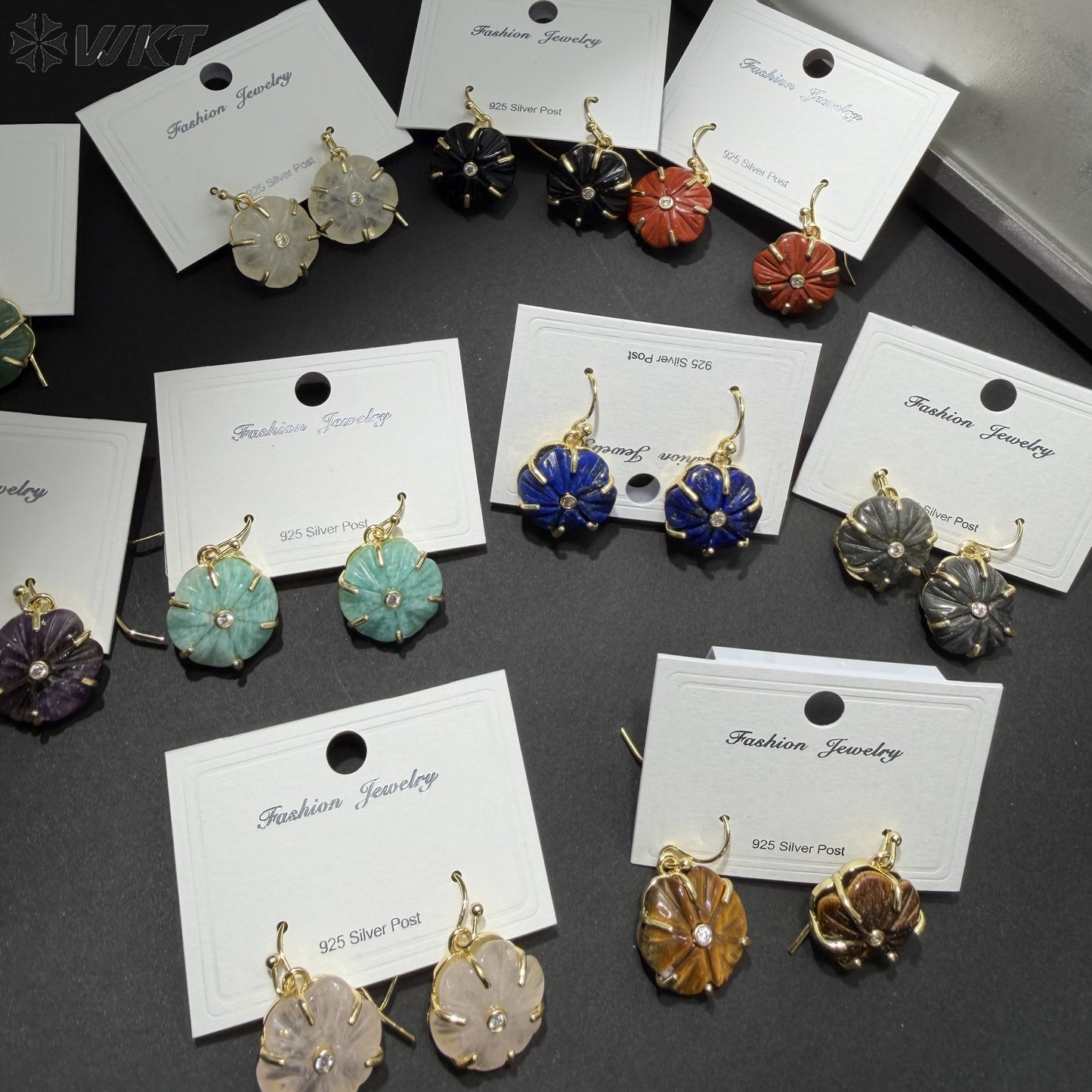WT-E799 Popular Sale Gold Plated Zircon And Multi Natural Gemstones Flower Shape Pendant Earrings As Women Birthday Gifts