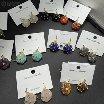 WT-E799 Popular Sale Gold Plated Zircon And Multi Natural Gemstones Flower Shape Pendant Earrings As Women Birthday Gifts