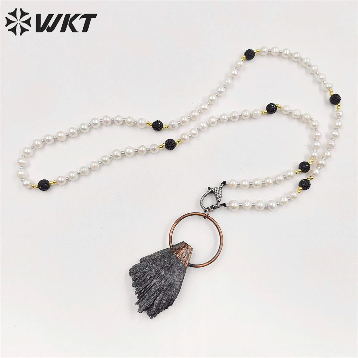 WT-N1415 Wholesale Newest Vintage Style Antique Copper Black Kyanite with Pearl Chain Necklace Pearl Beads Necklace