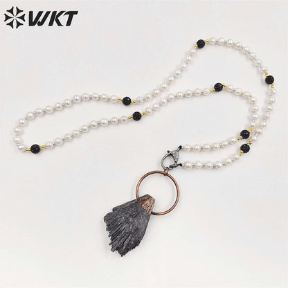 WT-N1415 Wholesale Newest Vintage Style Antique Copper Black Kyanite with Pearl Chain Necklace Pearl Beads Necklace