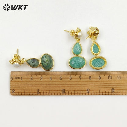 WT-E824 Exclusive Natural Pearl And Double Gemstones Gold Plated Women Earrings For Friends Vintage Beautiful Jewelry Gifts