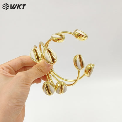 WT-B197 18K Gold Plated Double Shell Bracelet Bangle Fashion Natural Double Cowrie Shell Bangle for Summer Holiday