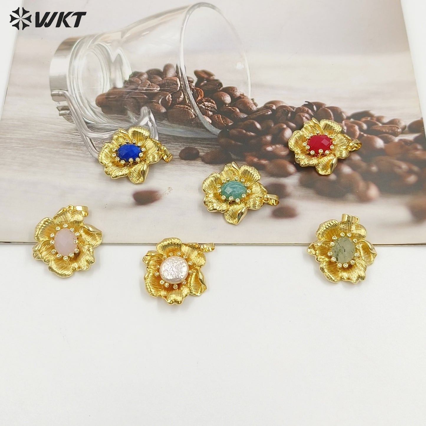 WT-P2049 Amazing Gold Plated Zircon And Multi Colors Natural Gemstones Flower Shape Pendants For Necklace Making Findings