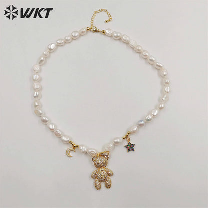 WT-JN231 Wholesale Fashion Gold Hand Strand Freshwater Pearl Beads Necklace 16 Inch Long Choker Lovely Bear Heart Necklace