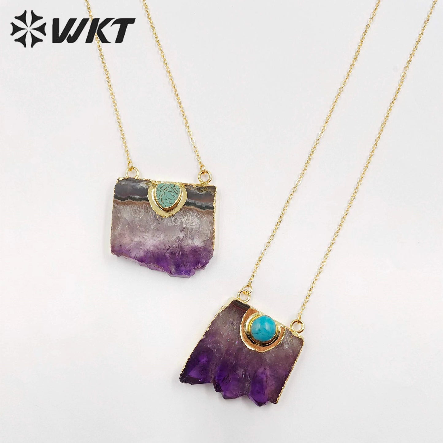 WT-N411 Natural Slice Raw Amethyst Necklace With Turquoise Elements, Uraguay Purple Amethyst Necklace With Gold Plated on Edged