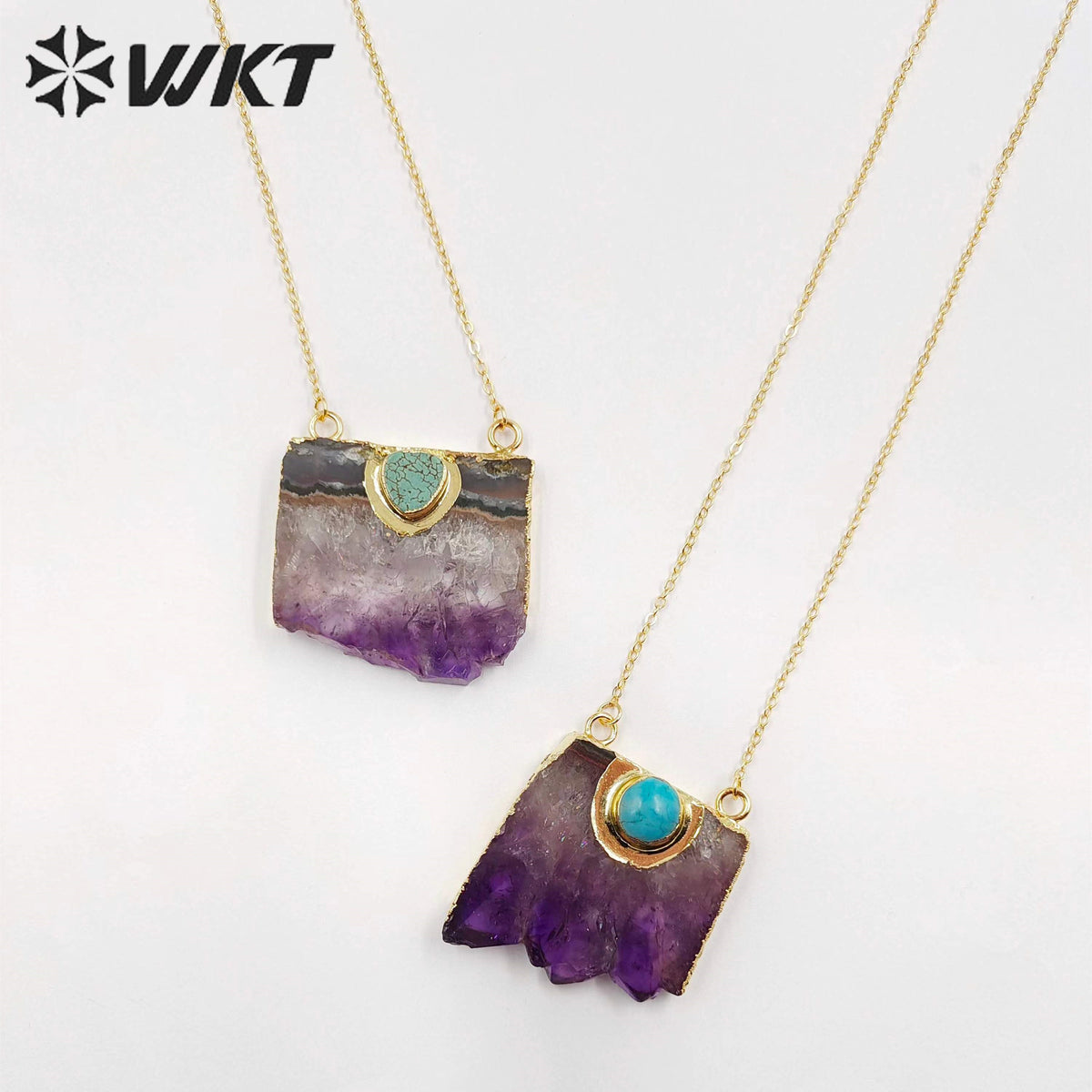 WT-N411 Natural Slice Raw Amethyst Necklace With Turquoise Elements, Uraguay Purple Amethyst Necklace With Gold Plated on Edged